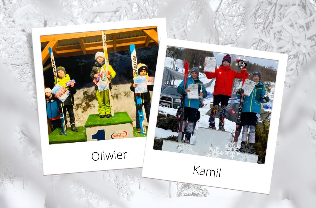 Dwie fotografie przedstawiające młodych zawodników stojących na podium. Lewe podpisane: Oliwier. Prawe: Kamil.