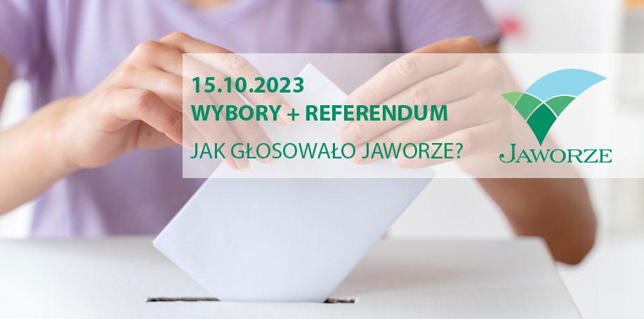 Ręka wrzucająca kartkę do urny, obok napis wybory + referendum, jak głosowało Jaworze
