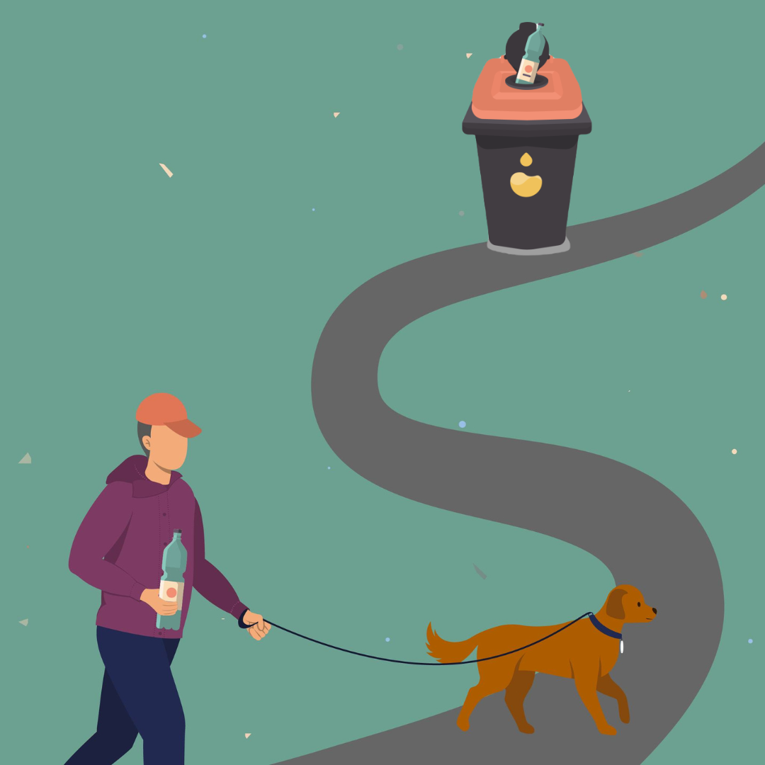 Grafika - chodnik, człowiek z psem, w ręku z butelką, na końcu ścieżki kontener