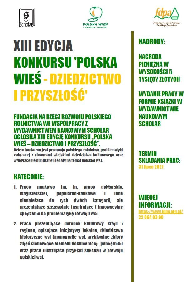 XIII edycja konkursu na prace dotyczące polskiego rolnictwa i obszarów wiejskich „Polska wieś – dziedzictwo i przyszłość”