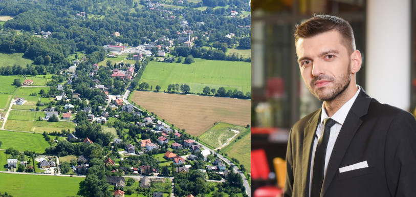 Po lewej zdjęcie lotnicze - widoczne budynki i dużo zieleni. Po prawej zdjęcie mężczyzny w garniturze - wójta gminy Jaworze.