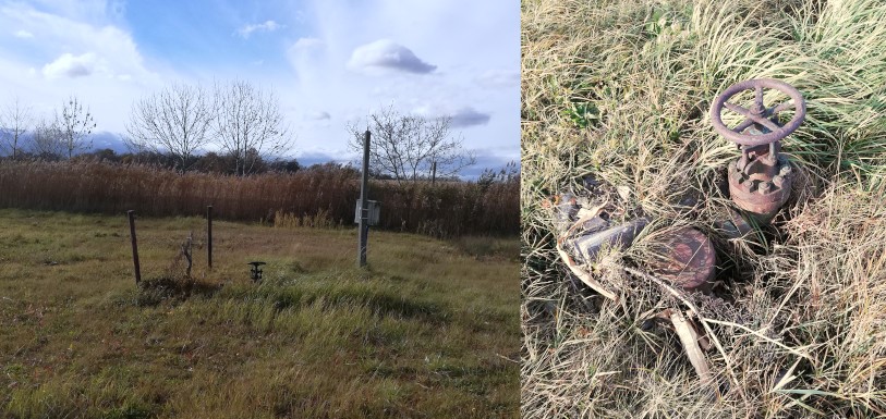 Po lewej widok na pole, pośrodku instalacja odwiertowa, po prawej zbliżenie na metalowy wpust odwiertu