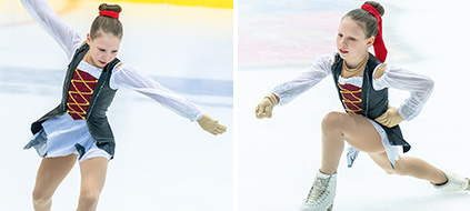 Dwa zdjęcia, na obu dziewczynka-łyżwiarka figurowa na lodzie w różnych układach