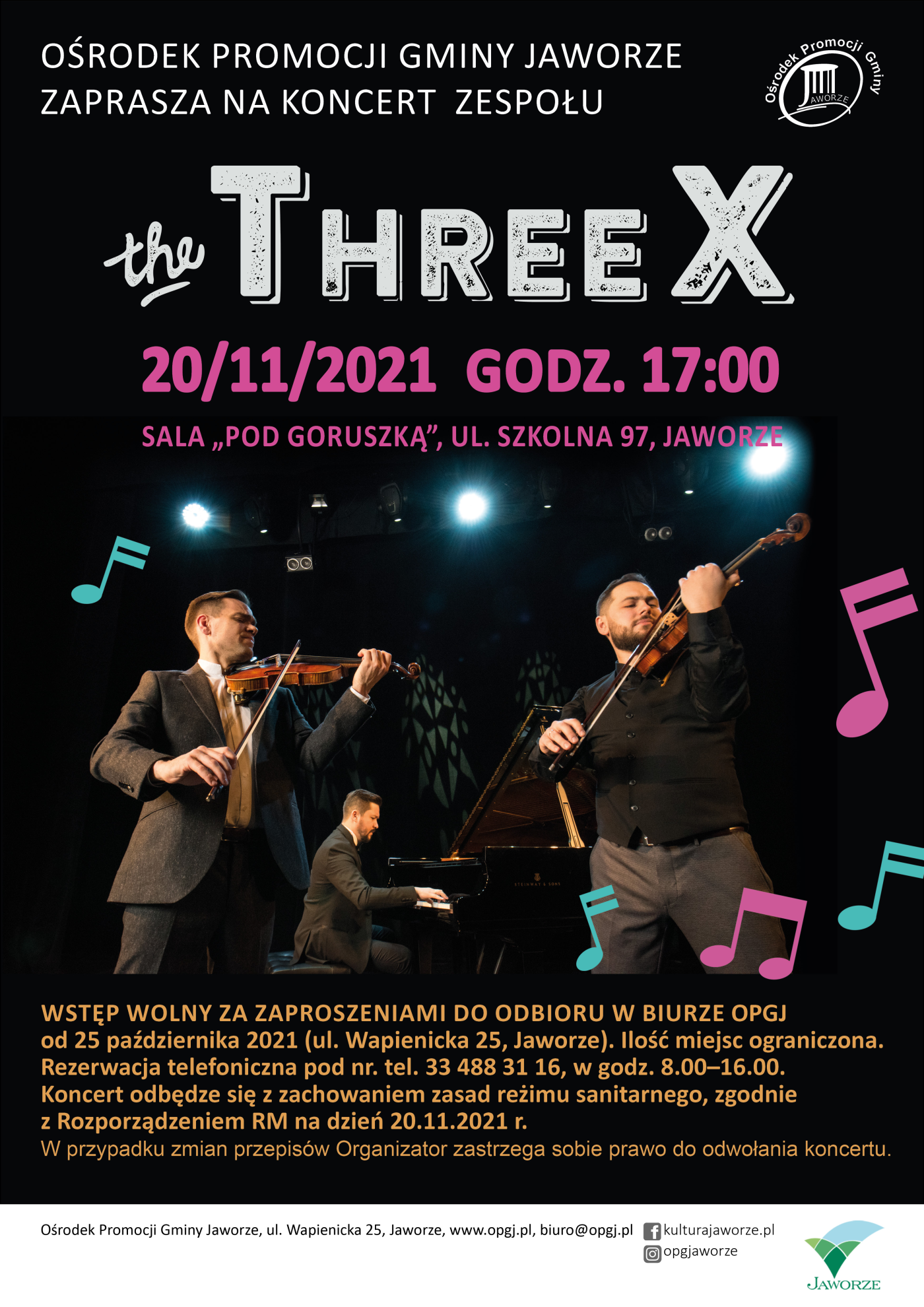 Plakat koncertu zespołu The Threex - informacje z plakatu powtórzone w treści artykułu. Fotografia mężczyzn - dwóch grających na skrzypach, jeden na fortepianie.