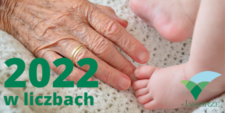 Dłoń starszej osoby dotykająca dłoni niemowlaka - obok napis 2022 w liczbach oraz logo Jaworza