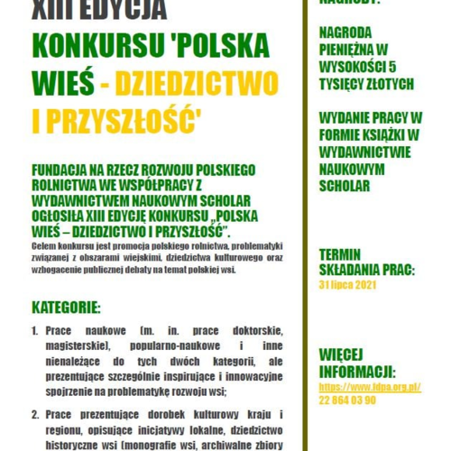 Obraz główny aktualności o tytule XIII edycja konkursu na prace dotyczące polskiego rolnictwa i obszarów wiejskich „Polska wieś – dziedzictwo i przyszłość” 