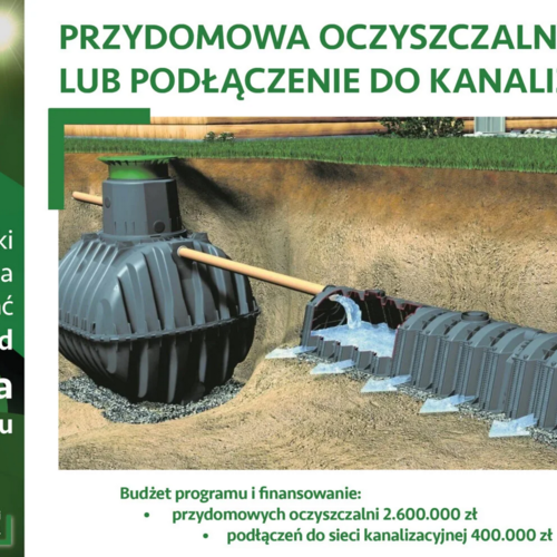 Obraz główny aktualności o tytule Nabór wniosków dla osób fizycznych na dofinansowanie do przydomowych oczyszczalni ścieków oraz przyłączenie gospodarstw domowych do istniejącej sieci kanalizacji sanitarnej 