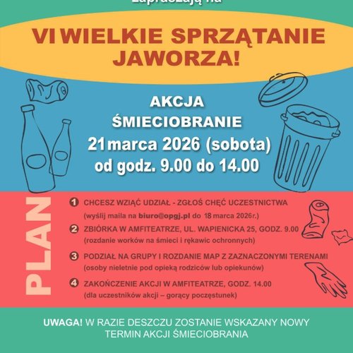 Obraz główny aktualności o tytule Zapraszamy na VI Wielkie Sprzątanie Jaworza! 