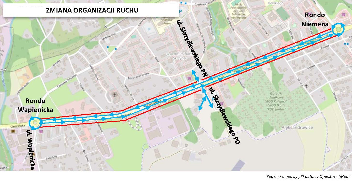 Mapa przedstawiająca zmiany w organizacji ruchu 