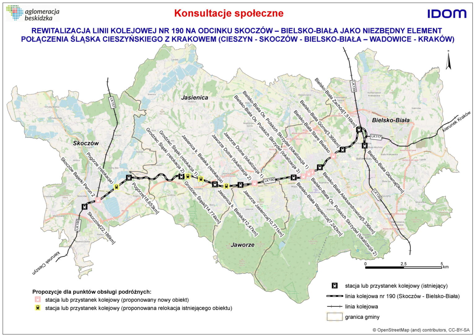 Mapa linii kolejowej Skoczów - Bielsko-Biała